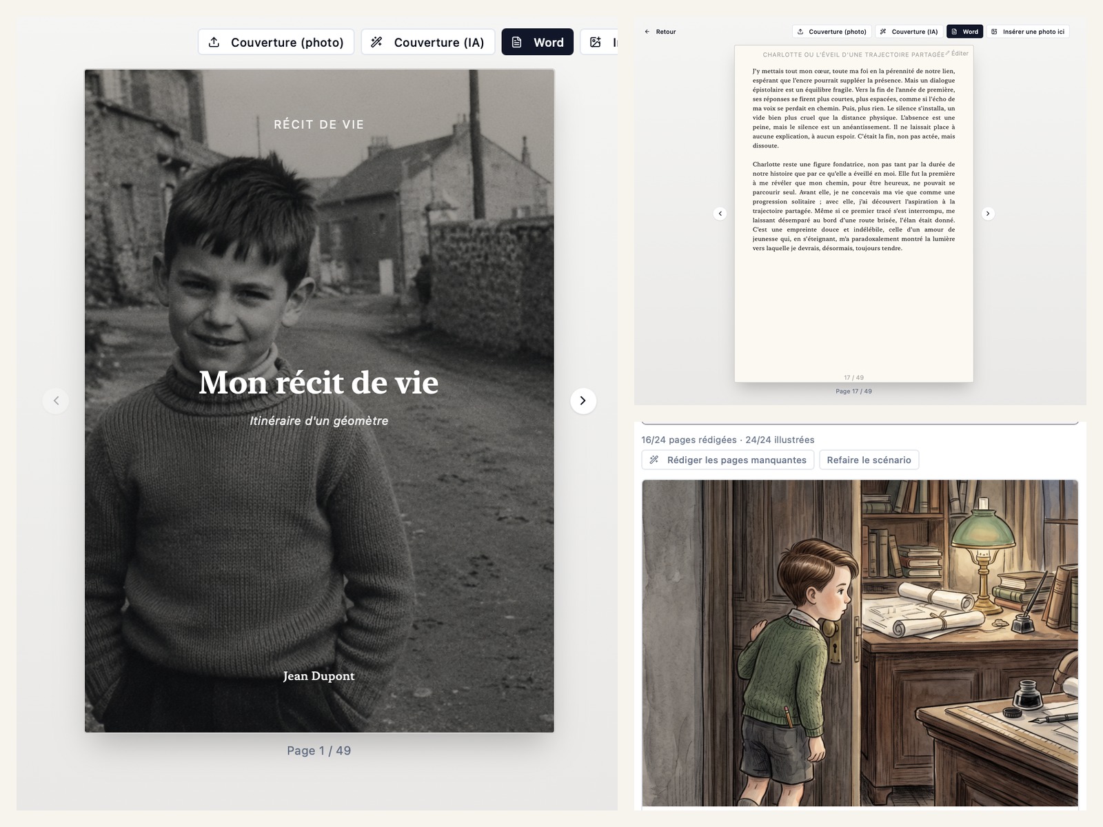 Écran de l'application Kizuna montrant la mise en page de la couverture du récit de vie
