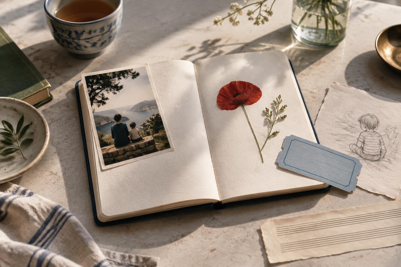 Un carnet ouvert recueille une photo de famille, une fleur séchée et un dessin d’enfant, comme autant de souvenirs à raconter