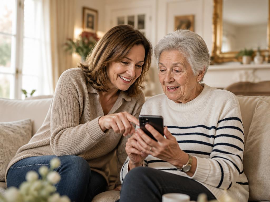 Une femme aide sa mère à installer l'application Kizuna sur son téléphone