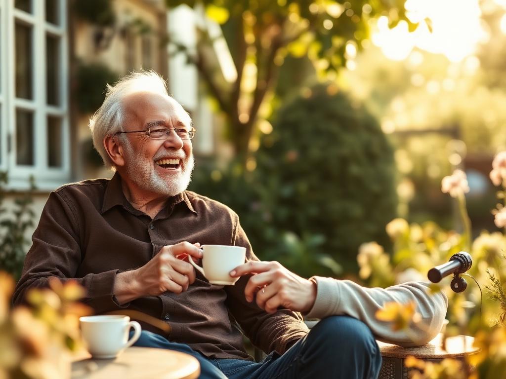 Un monsieur âgé rit en racontant un souvenir dans son jardin, une tasse à la main
