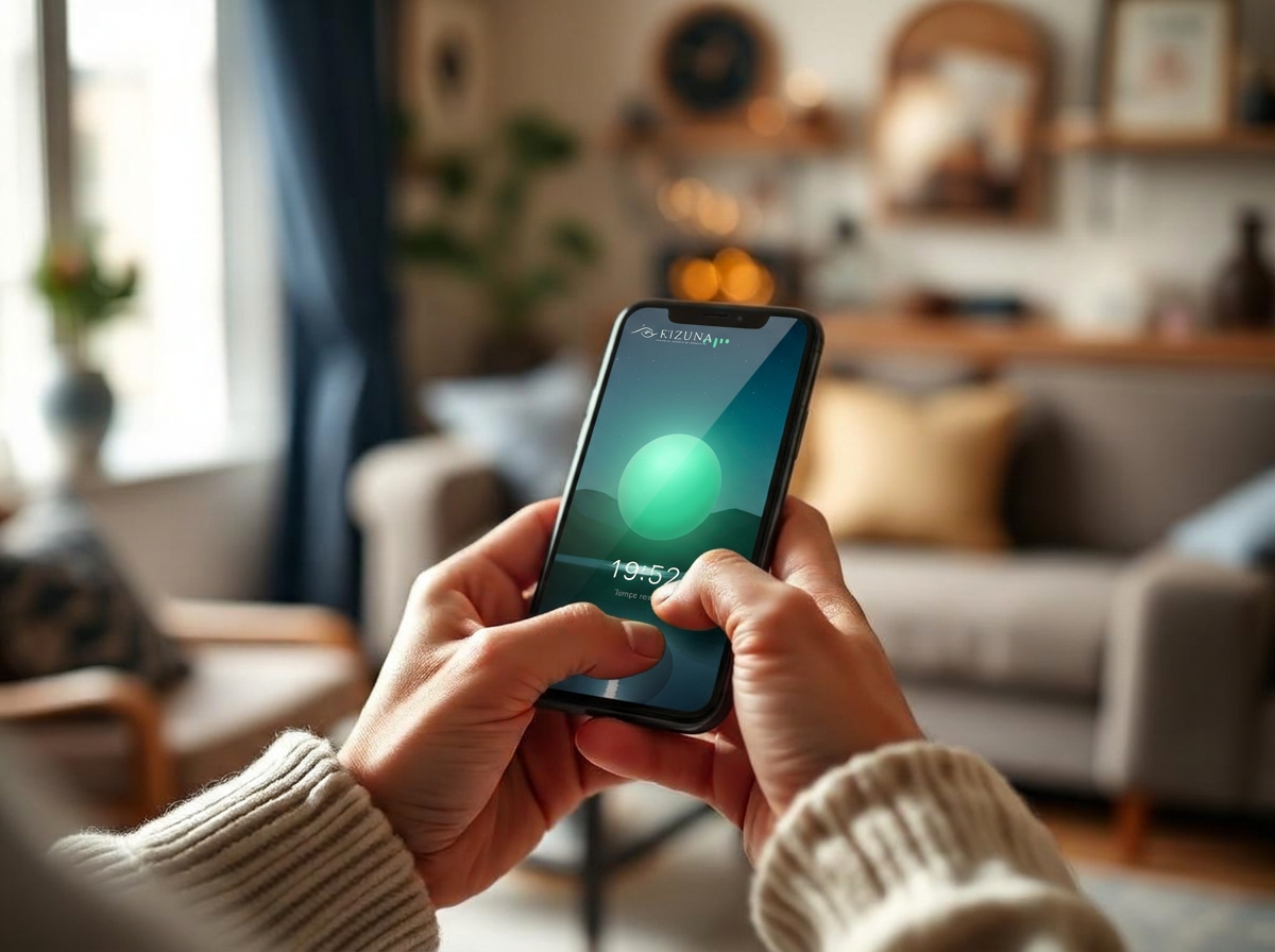 Des mains tiennent un téléphone affichant le véritable écran de conversation Kizuna