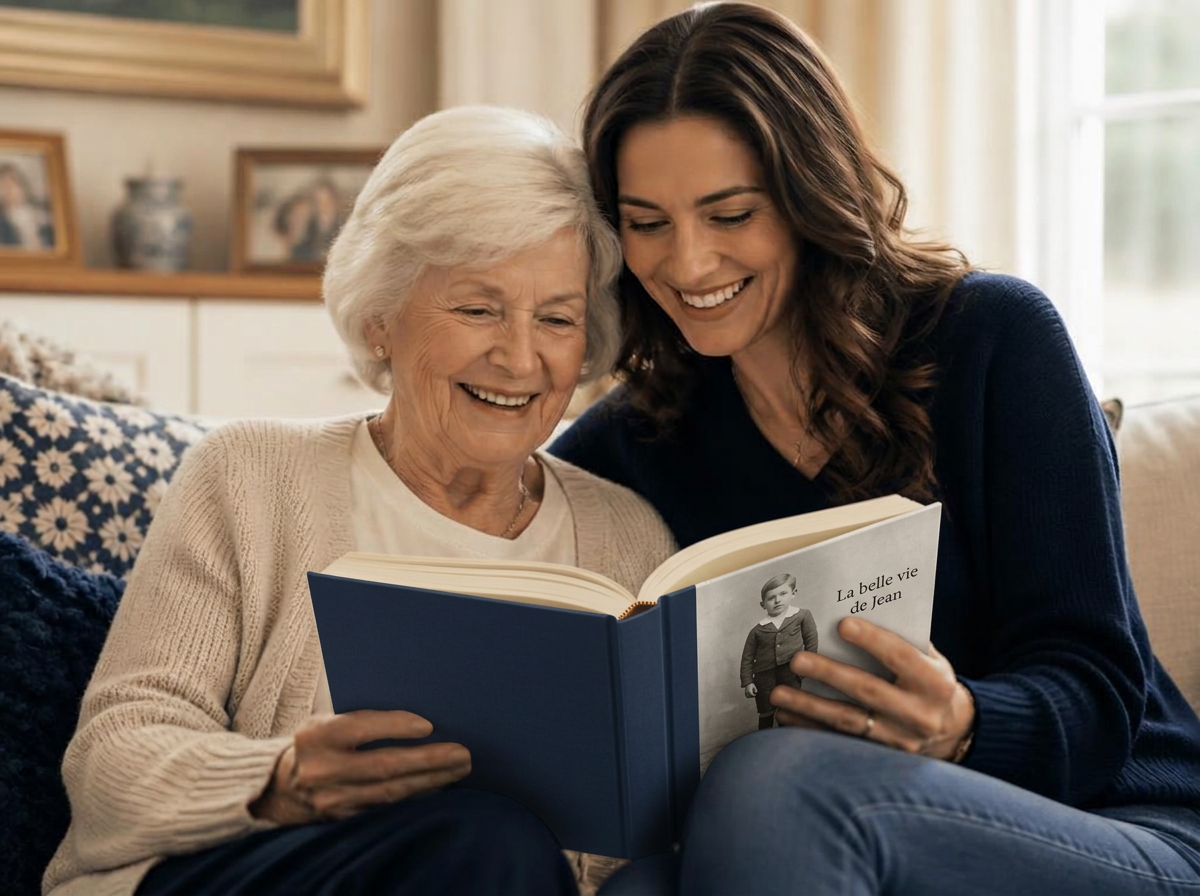 Une mère et sa fille feuillettent un livre premium dont la couverture montre un portrait ancien