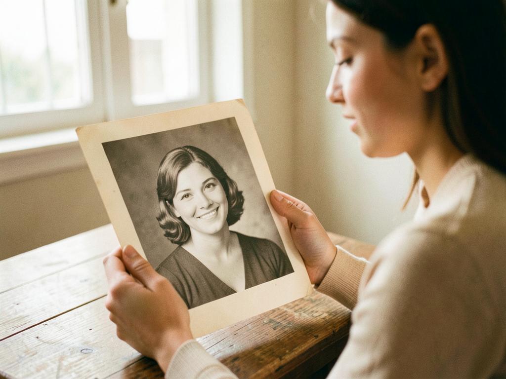 Une femme regarde un portrait ancien en noir et blanc de sa mère jeune