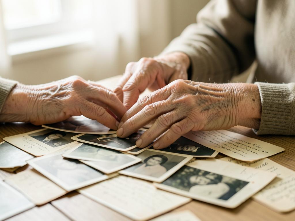 Les mains d'une femme âgée posées sur des photographies de famille anciennes