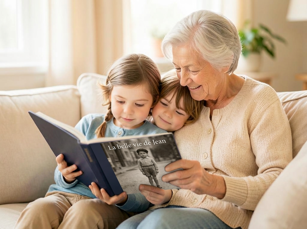 Une grand-mère lit avec ses petits-enfants un récit de vie dont la couverture montre un petit garçon en noir et blanc